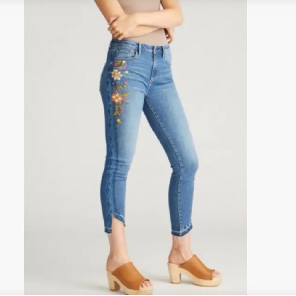 Driftwood sz 27 Jackie High Rise Embroidered Blue Skinny Ankle Jeans Raw Hem - Picture 2 of 11